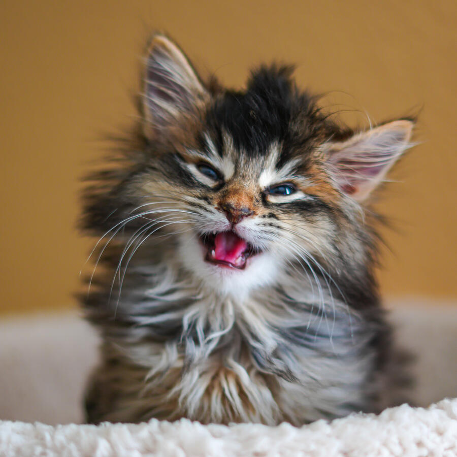 Untitled Tabby kitten curled on a white bed